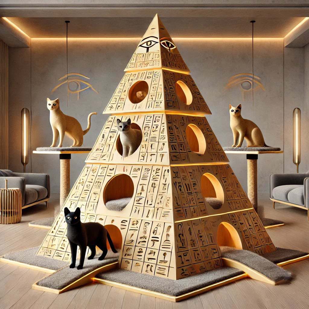 A pyramid-shaped cat playhouse featuring intricate hieroglyphic designs, multiple entry points, and enclosed resting spaces.
