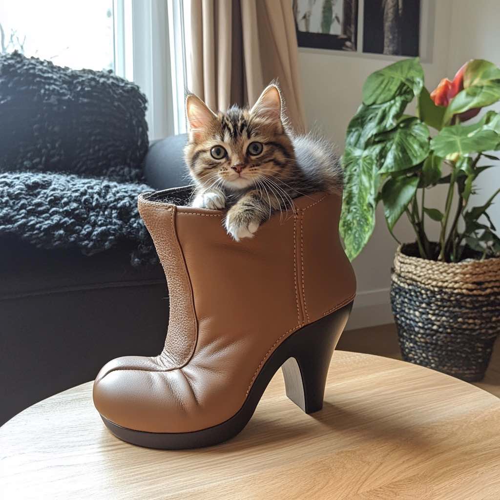 A tiny tabby kitten resting comfortably in a brown leather ankle boot-shaped pet bed