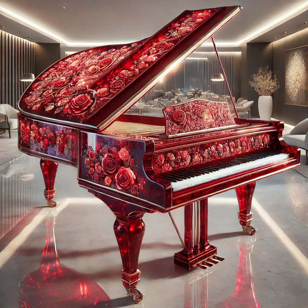 A vibrant red grand piano adorned with intricately carved roses, symbolising passion and timeless beauty.