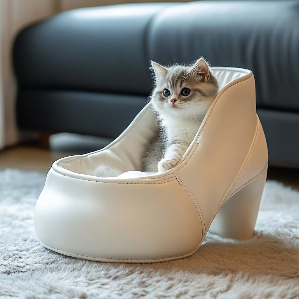 A small kitten lounging inside a stylish white high-heeled shoe-shaped pet bed.