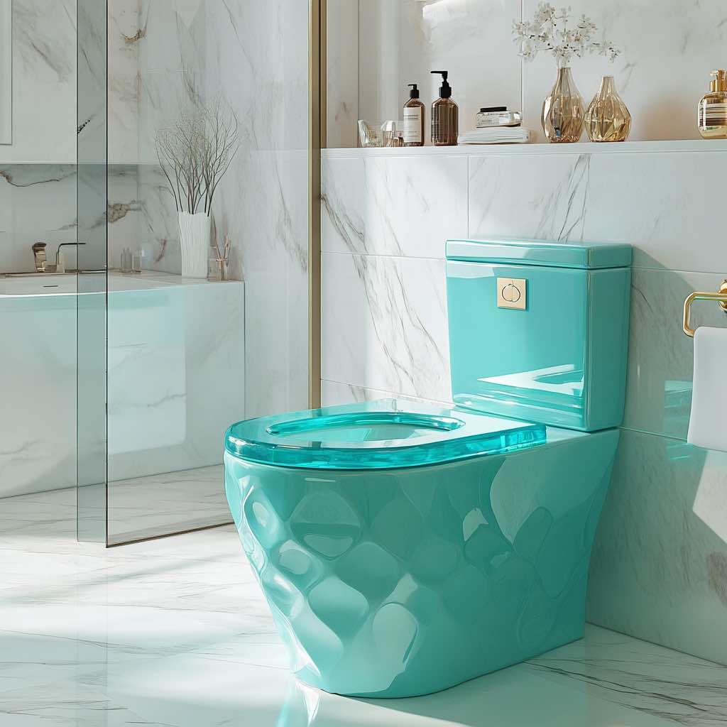 A translucent turquoise crystal toilet in a spa-inspired bathroom with marble and gold accents.