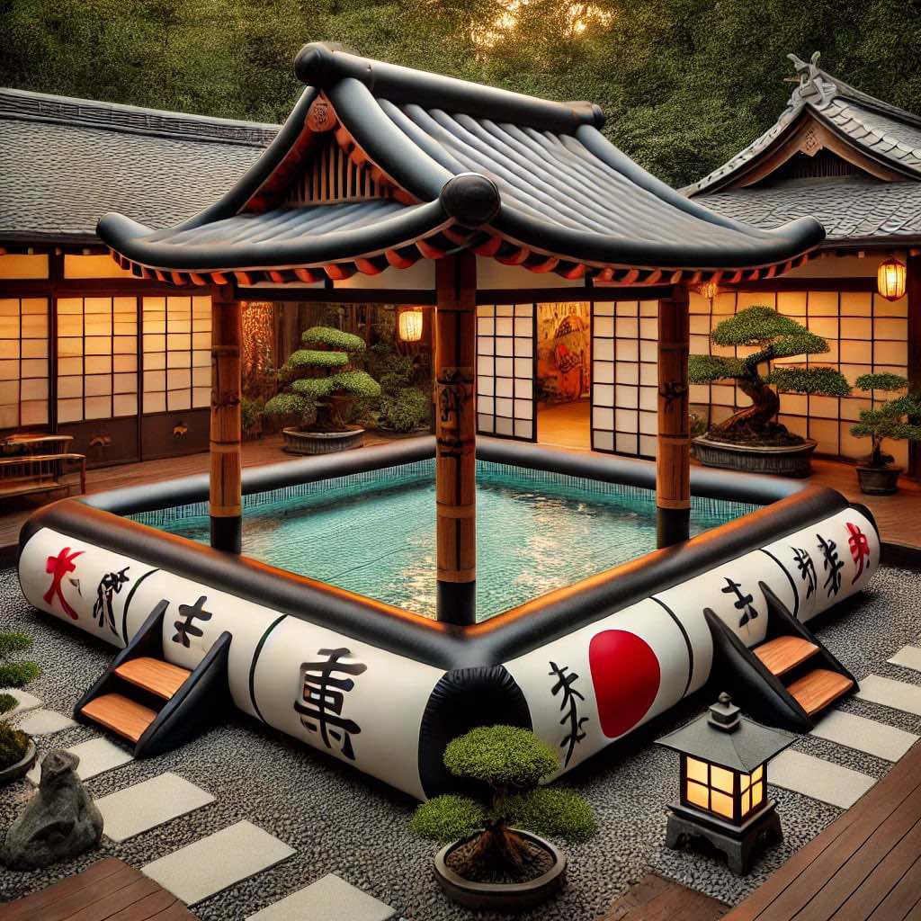 A black and white inflatable pool with a pagoda-style roof, Japanese calligraphy, and a peaceful garden backdrop