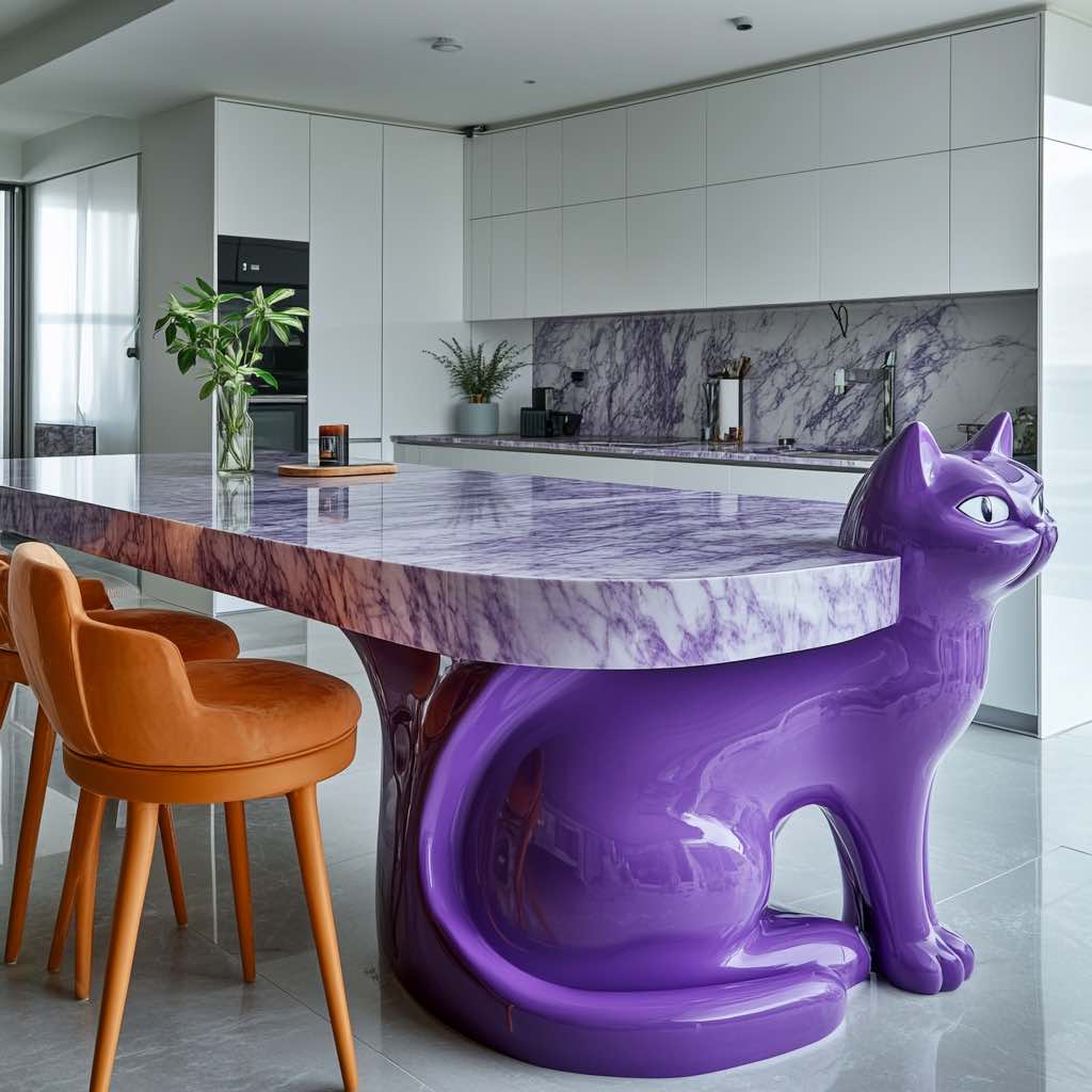 A vibrant purple cat-inspired kitchen island with a matching marble countertop in a luxurious kitchen.

