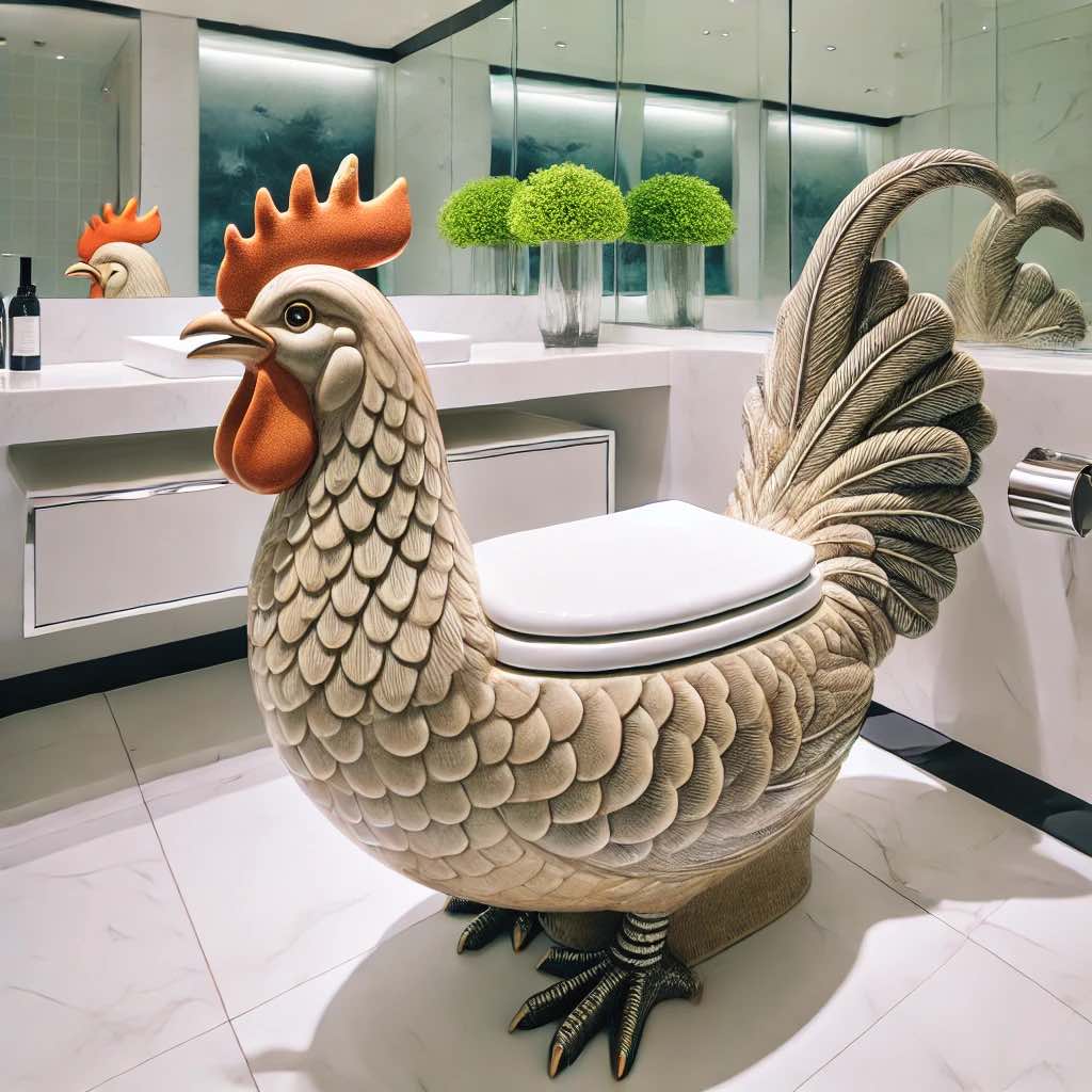 A cream-coloured rooster toilet with lifelike feather textures and an artistic sculpted base, blending into a sleek bathroom.