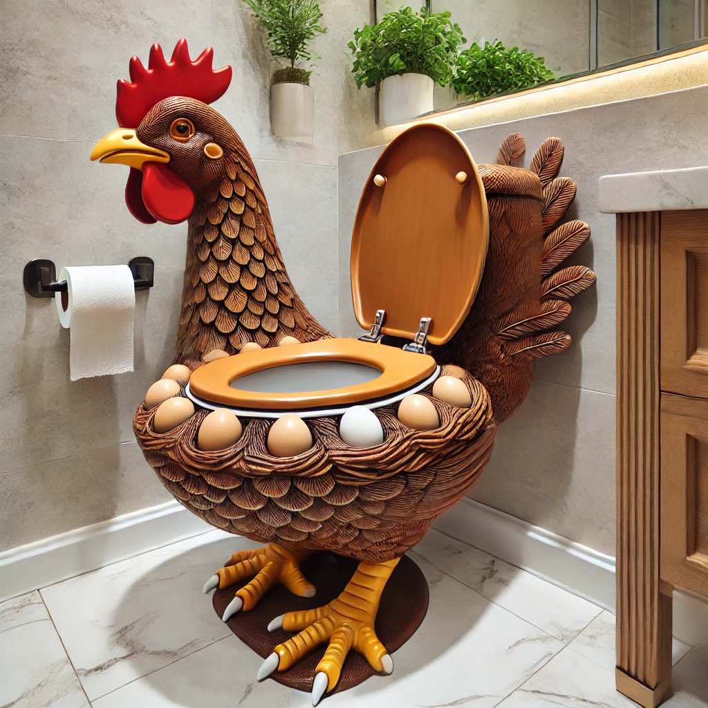 A brown feathered rooster toilet with egg details and a woven nest base, placed in a warmly lit bathroom.