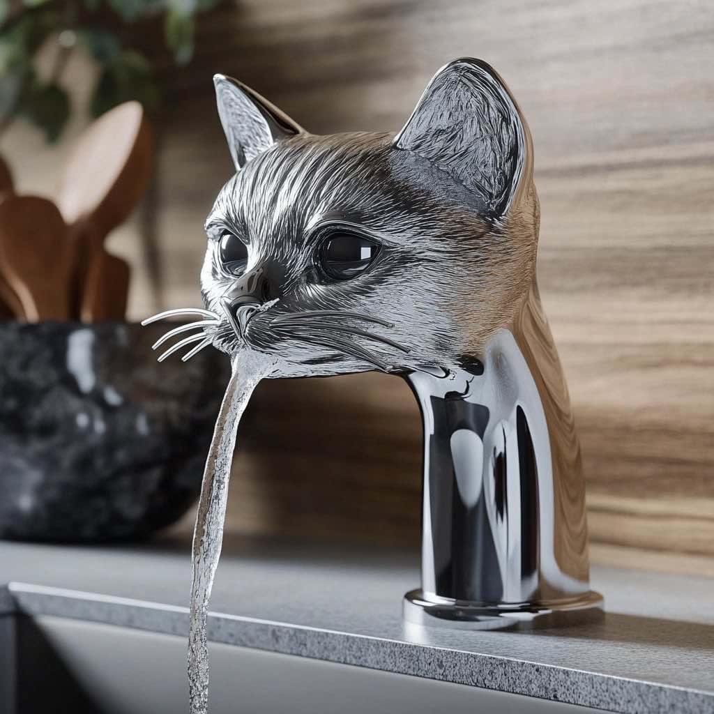 A polished silver cat-shaped faucet with delicate whisker detailing, installed in a modern kitchen space.