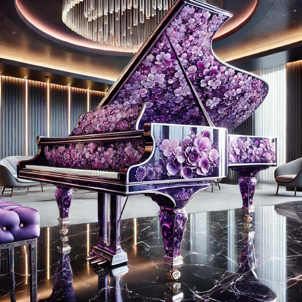 A breathtaking grand piano with purple floral designs, reflecting elegance and artistic mastery.