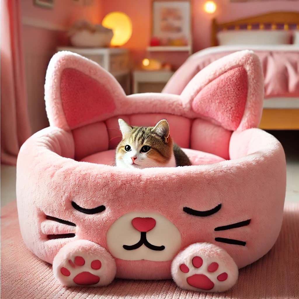 A soft pink bed with an adorable sleeping cat design and plush paw details.