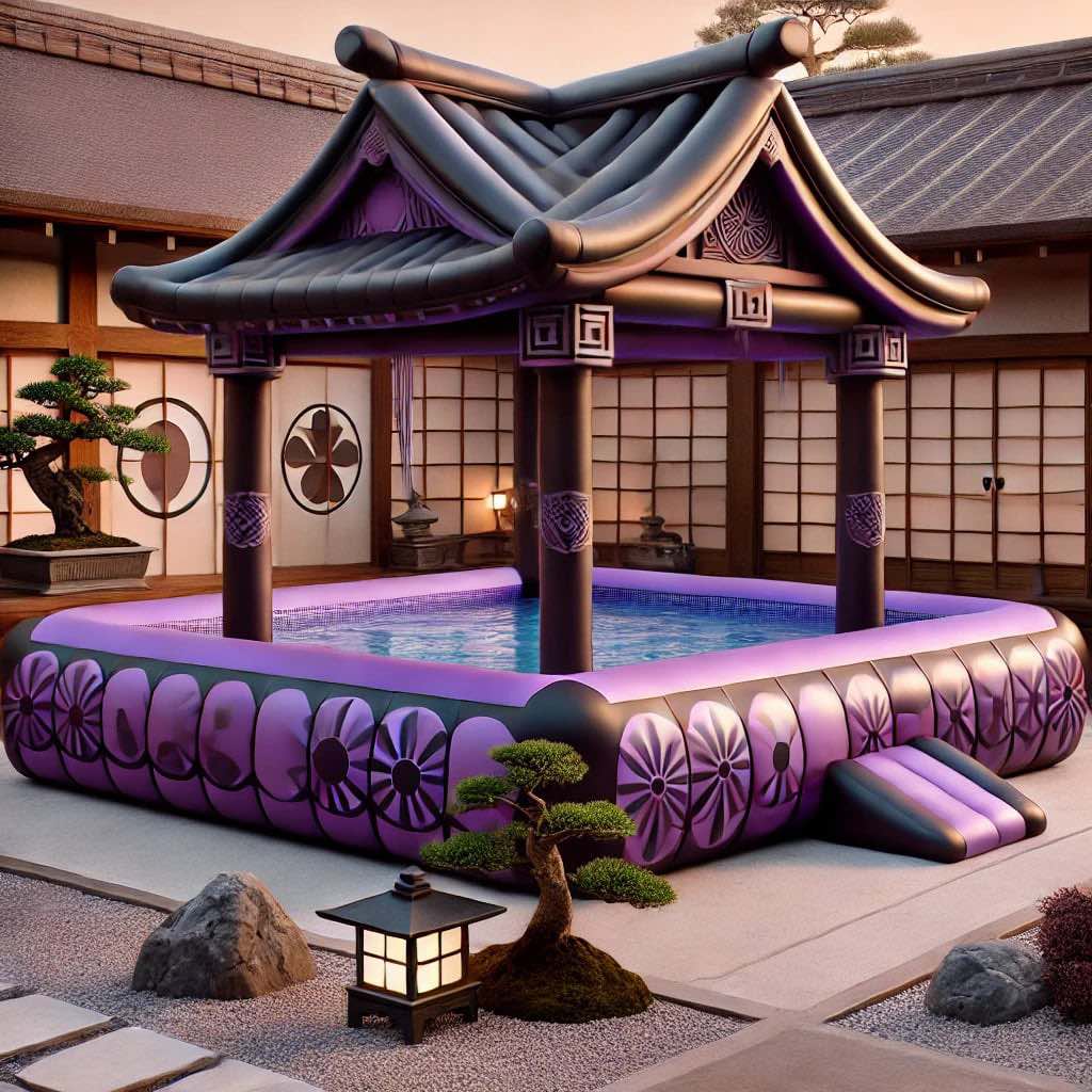 A stunning purple and black inflatable pool designed with Japanese architecture, featuring a serene courtyard setting.