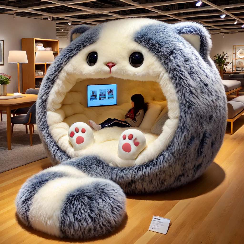 A cosy, blue and white cat-shaped lounge pod featuring a built-in TV and ultra-soft cushions.
