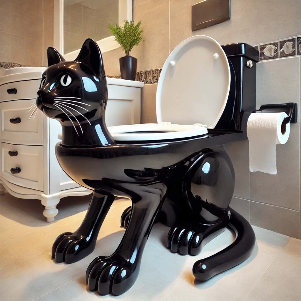 A glossy black cat-shaped toilet with realistic feline features in a contemporary bathroom design.