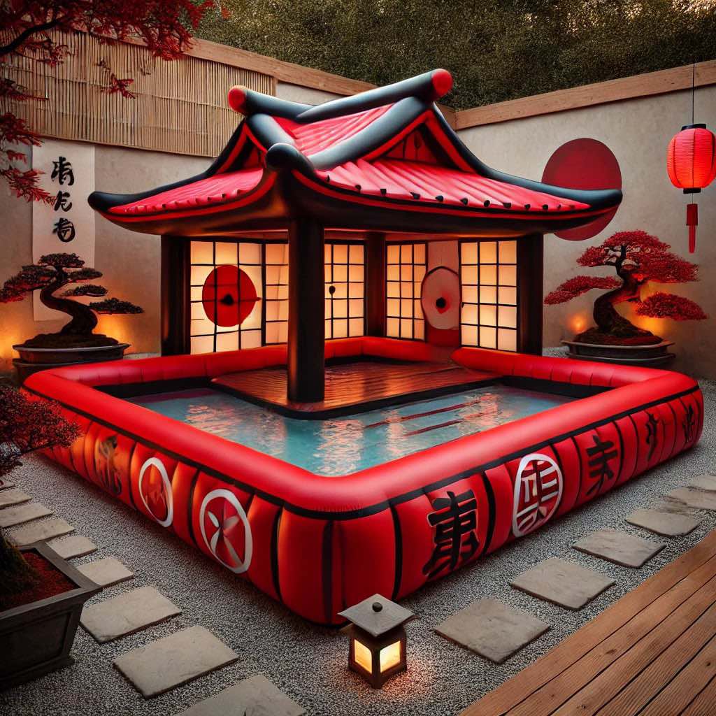 A vibrant red and black Japanese-style inflatable pool with a pagoda roof and traditional lanterns in a Zen garden.