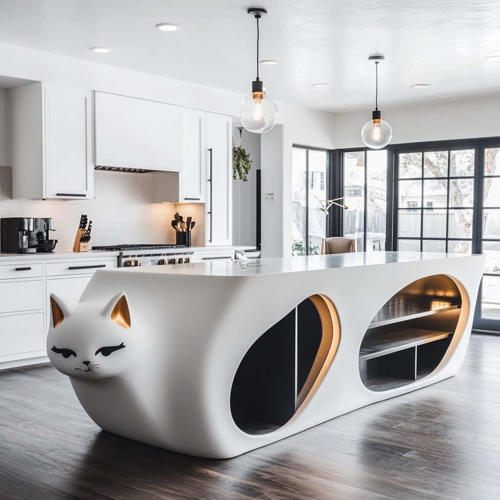 A white cat-shaped kitchen island with golden ear details, integrated storage, and a contemporary kitchen backdrop.