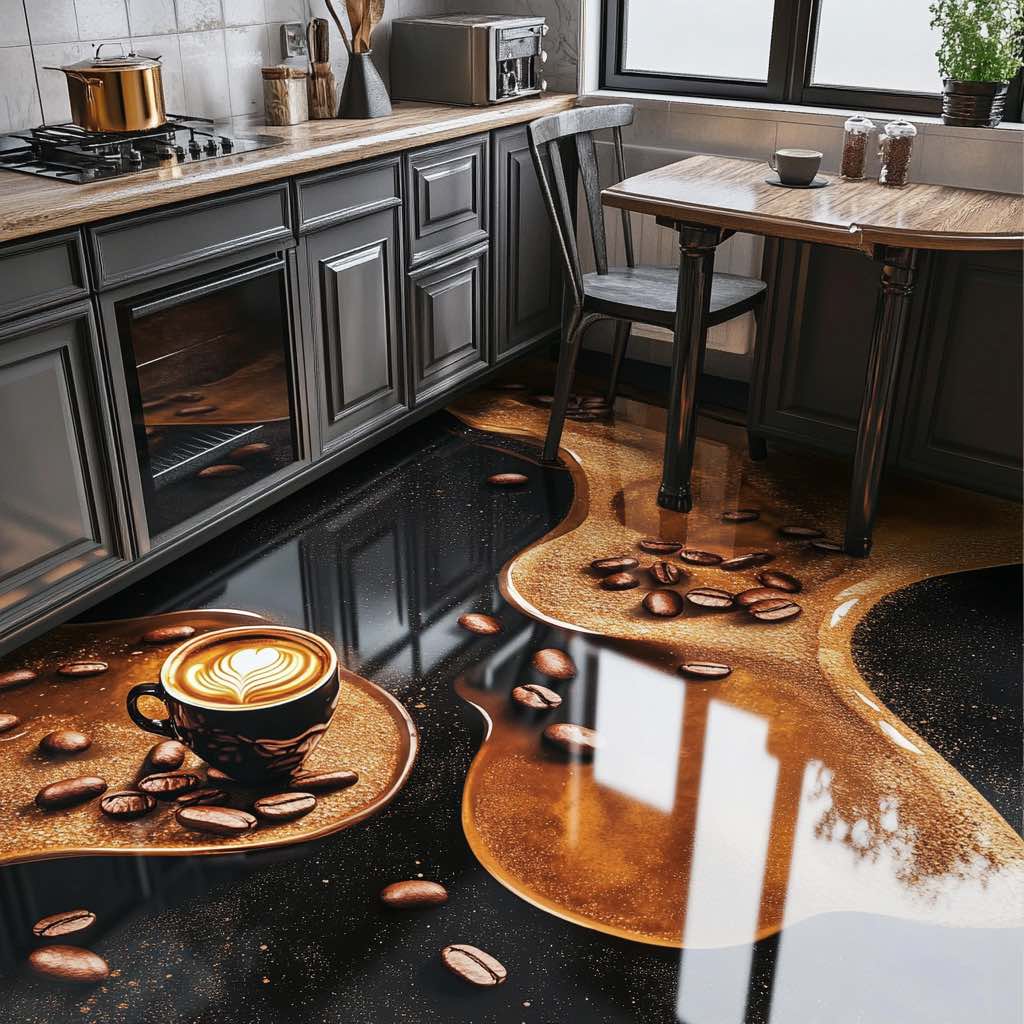 A modern kitchen with 3D epoxy flooring designed to resemble coffee beans, splashes, and a cappuccino cup