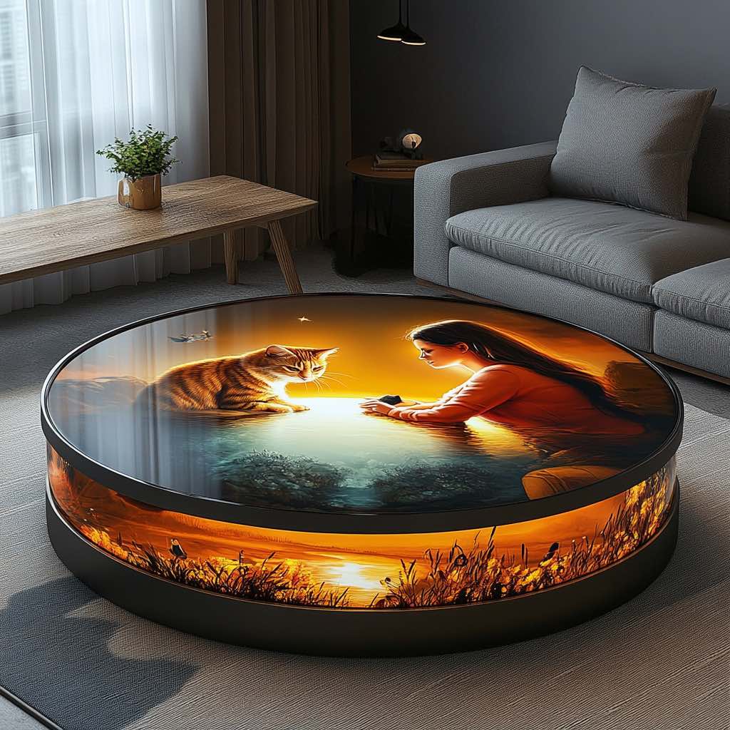 A round coffee table with embedded lighting, showcasing a woman and a cat gazing at each other in a sunset scene.