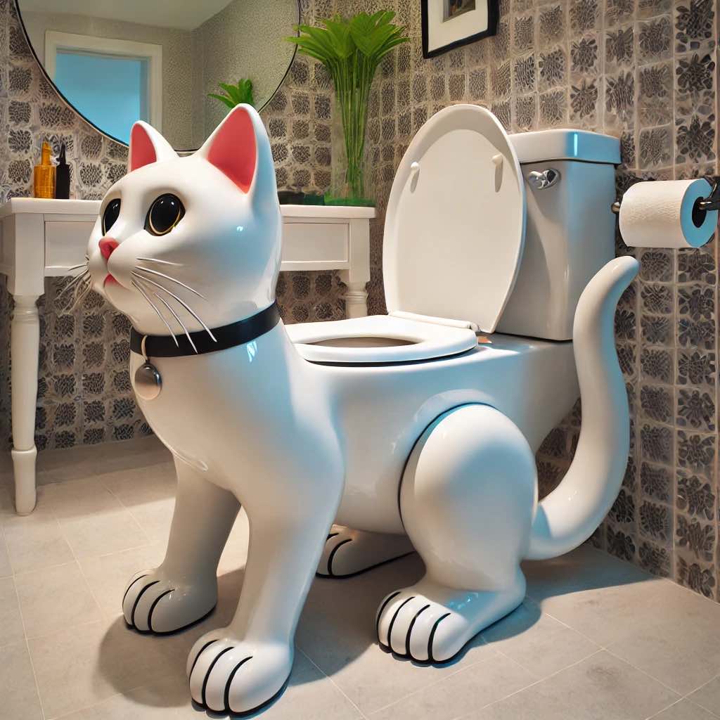  A pristine white cat-shaped toilet with a cute feline face, sitting in a stylish bathroom with patterned walls.