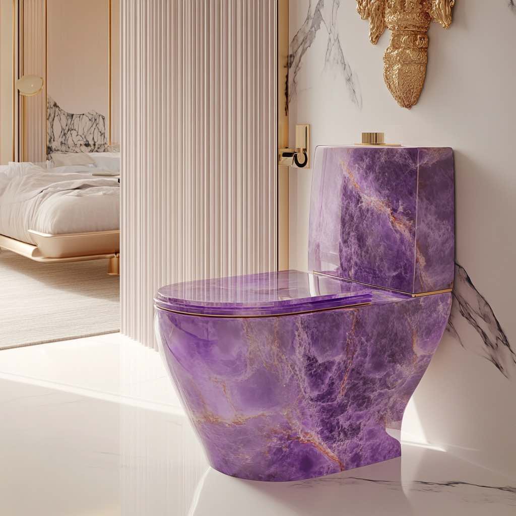 A beautiful amethyst toilet with golden veining, creating a lavish and mystical bathroom ambiance.