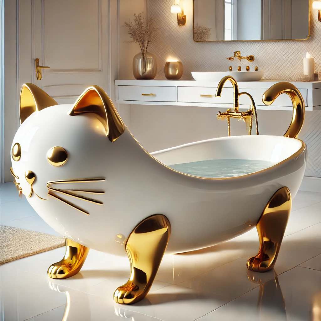 A white cat bathtub with gold accents in a high-end, opulent bathroom setting.