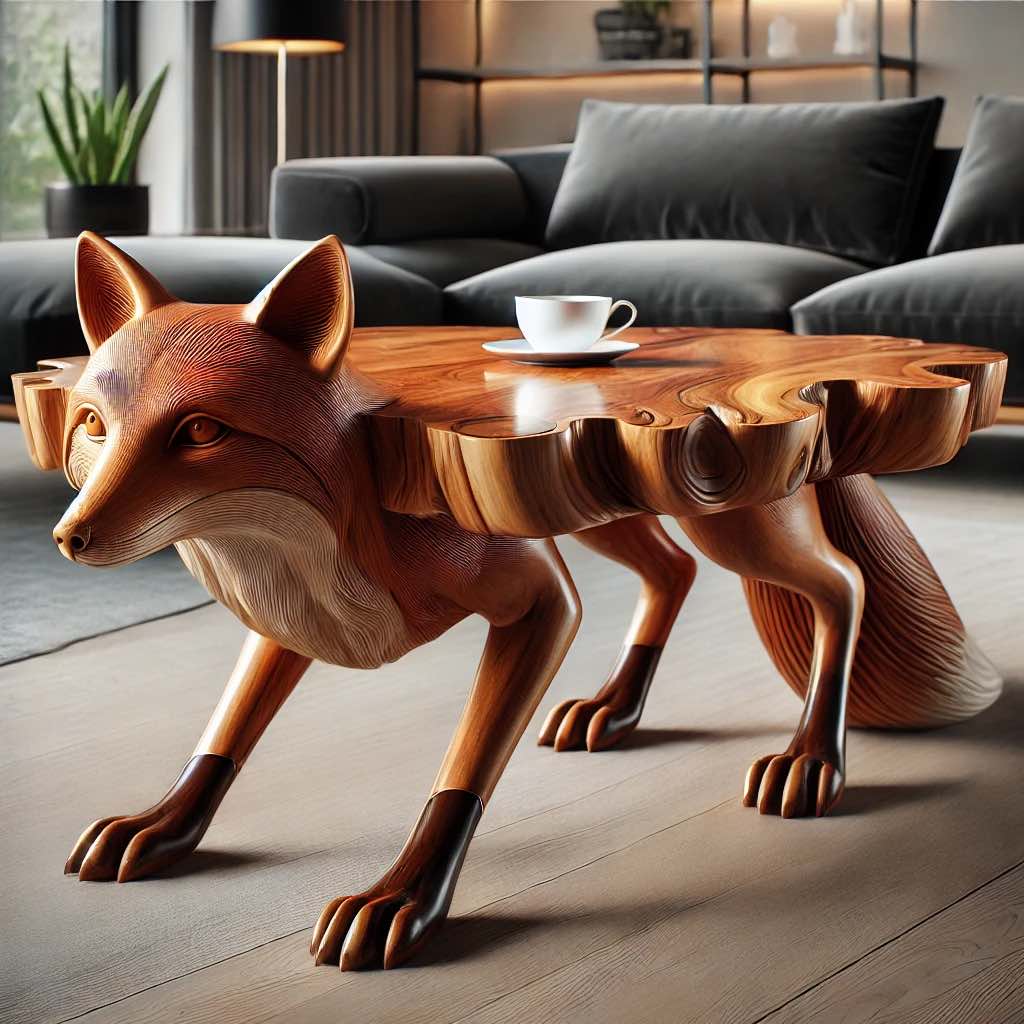 A beautifully crafted wooden fox coffee table with sleek features and an organic wood finish.