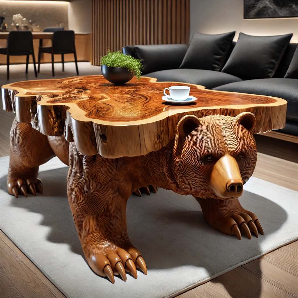 A detailed wooden bear coffee table with a robust design and natural wood grain textures.