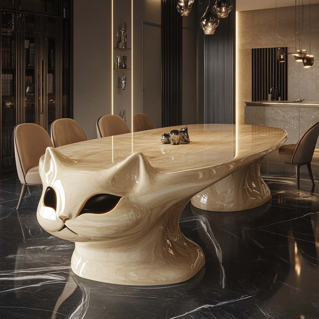 A unique cat-shaped dining table merging artistic design with premium materials.