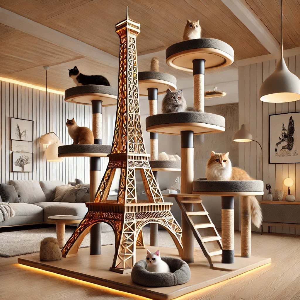 A modern Eiffel Tower cat tree with multiple plush platforms and a sleek metal framework for adventurous felines.