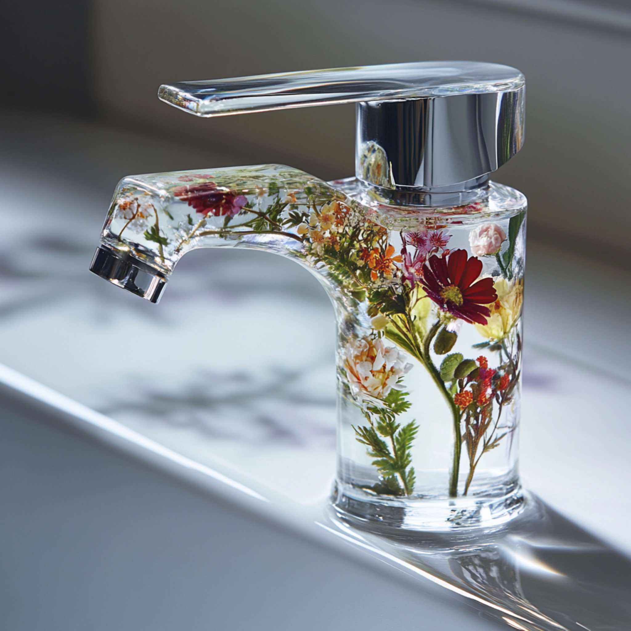 A modern glass tap with vibrant wildflowers encased inside, blending elegance and nature