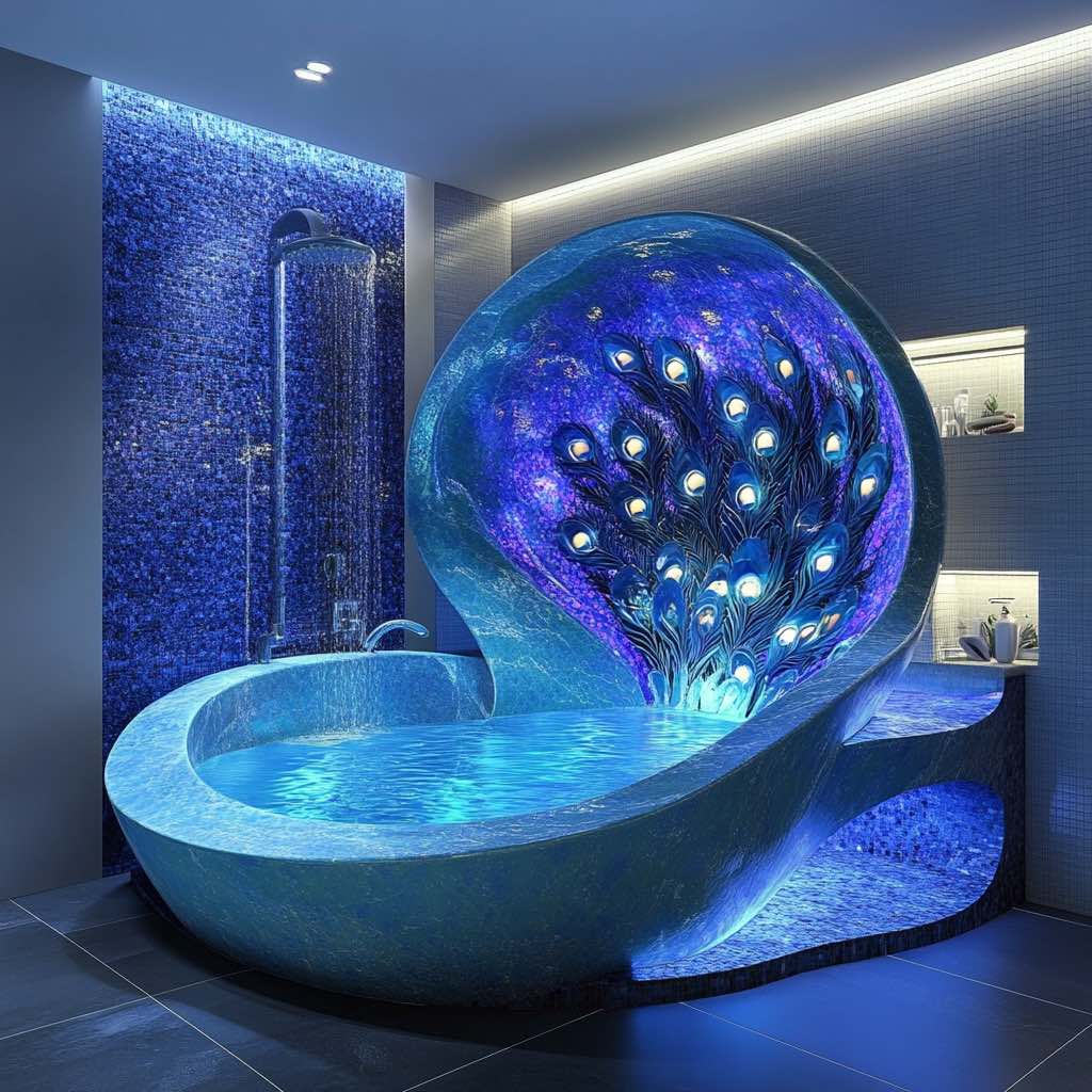 Luxurious LED Bathtubs: A majestic peacock-designed bathtub with vibrant LED-lit feather patterns, adding opulence to the bathroom.
