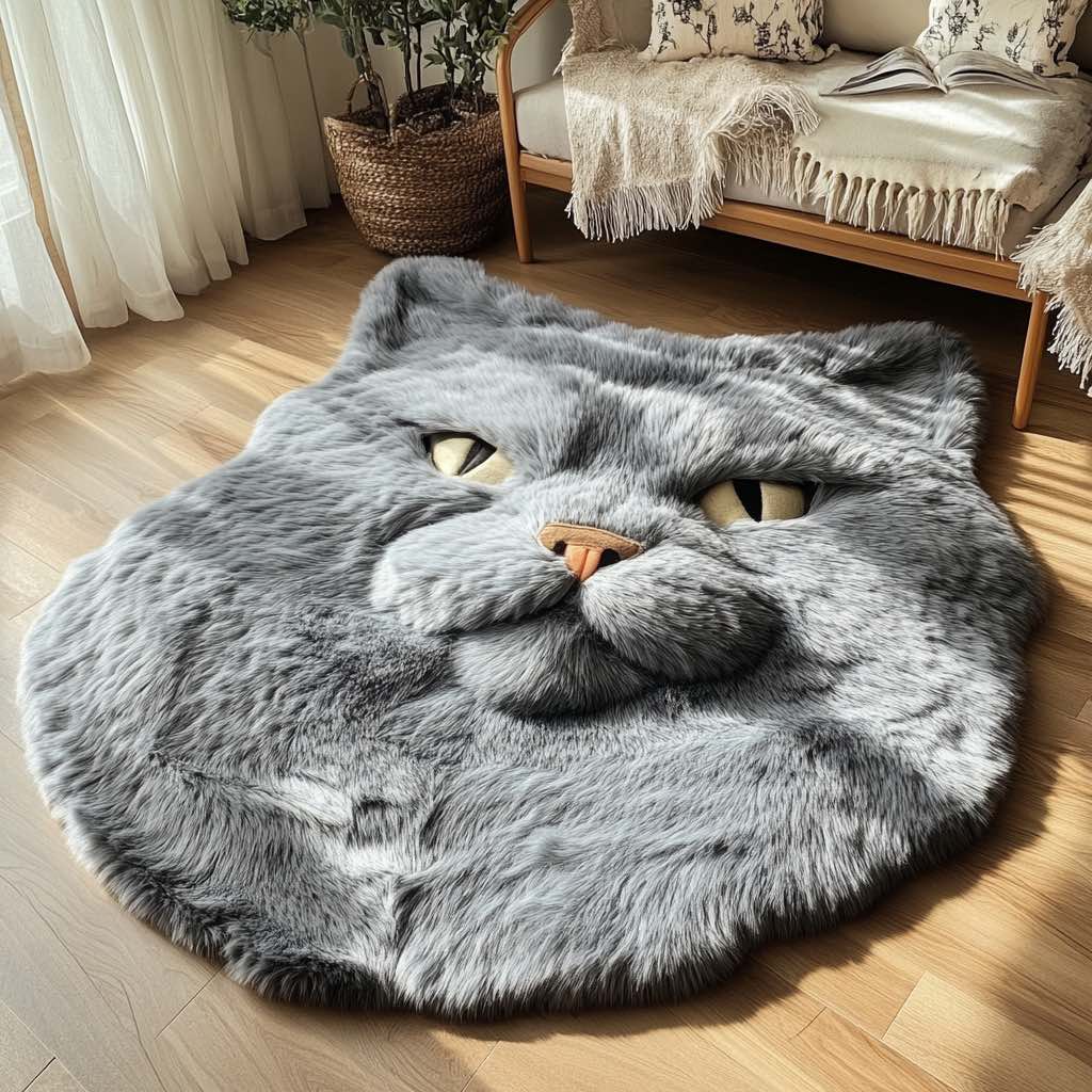 A striking grey cat-shaped rug with intense yellow eyes, making a bold statement in a modern home.