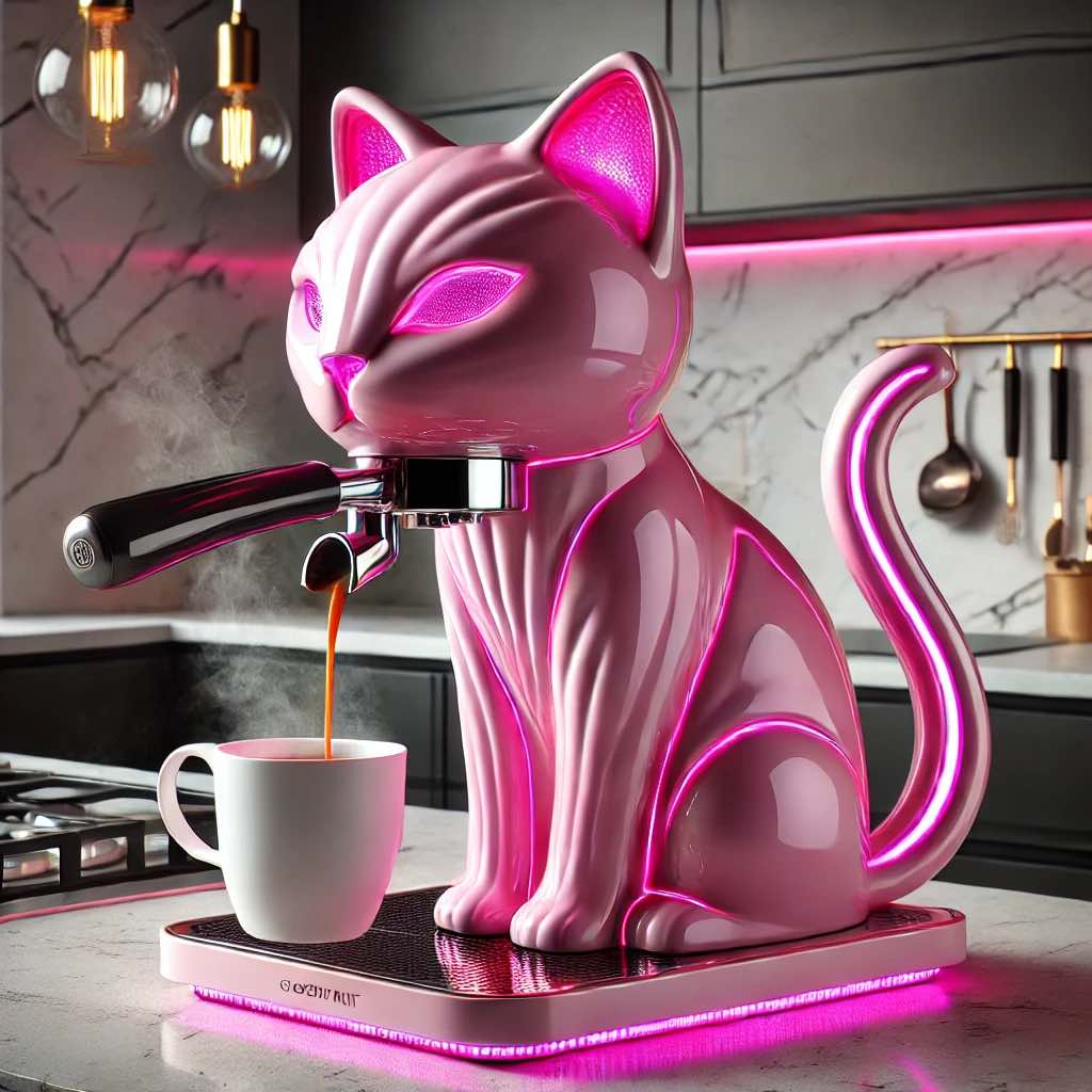 A stylish pink cat-shaped espresso machine with glowing neon lights, brewing coffee into a white mug