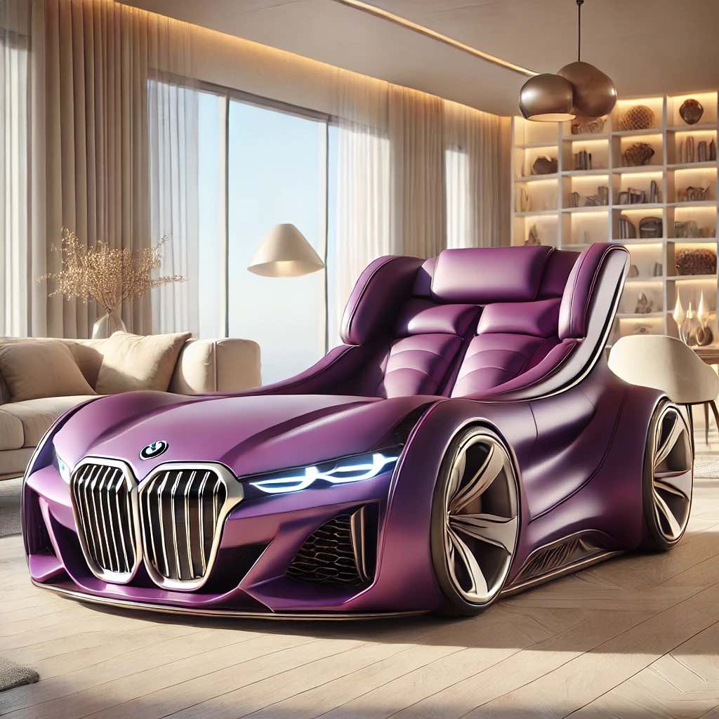 A vibrant purple BMW-inspired car sofa in a modern interior setting, adding luxury and personality.