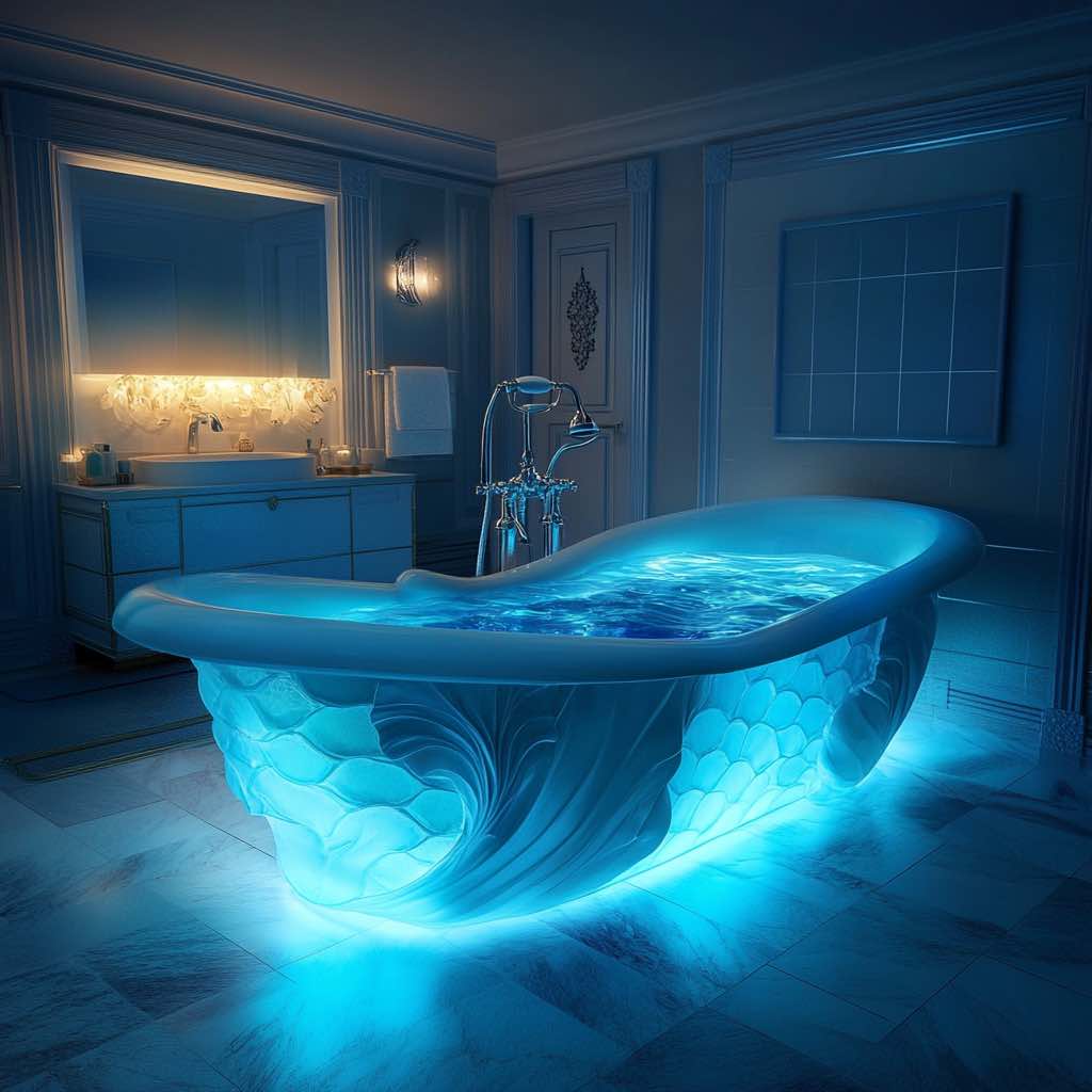 Luxurious LED Bathtubs: A shell-shaped bathtub with a blue LED-lit base, placed in a regal bathroom setting.