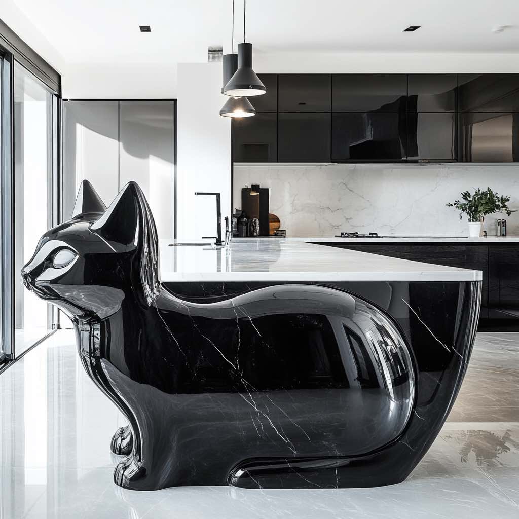 A sleek black marble kitchen island designed in the shape of a cat, enhancing a modern monochrome kitchen.