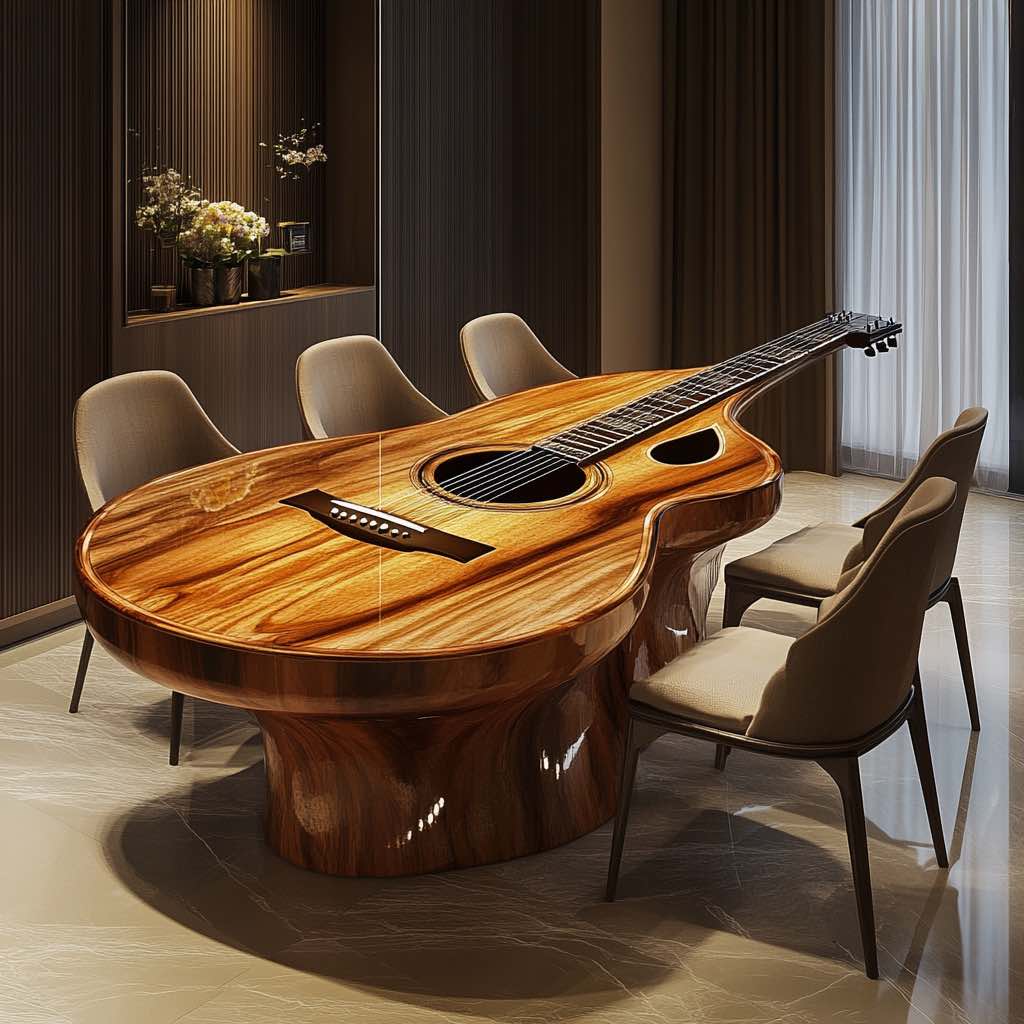 A beautifully polished wooden acoustic guitar dining table, adding warmth and sophistication to an elegant dining room.