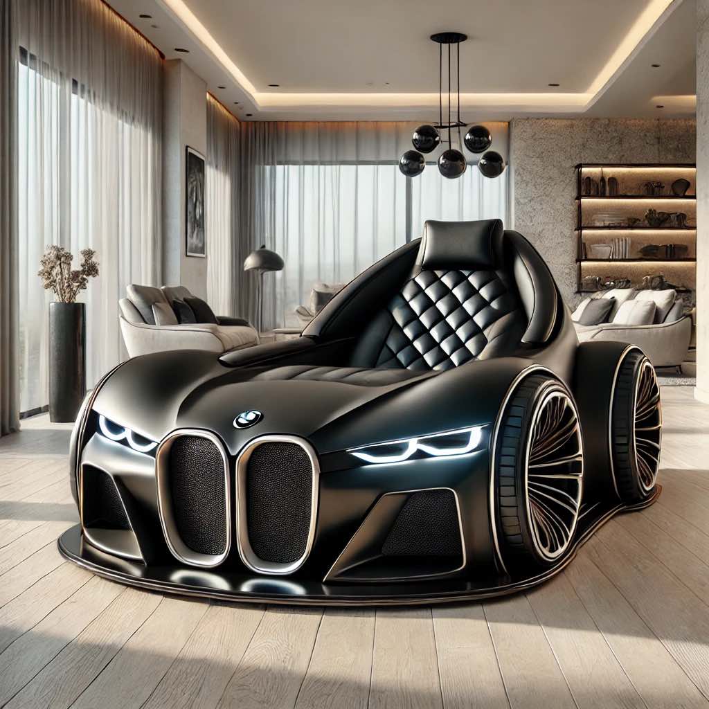 A bold black leather BMW-inspired car sofa in a sophisticated, high-end living room