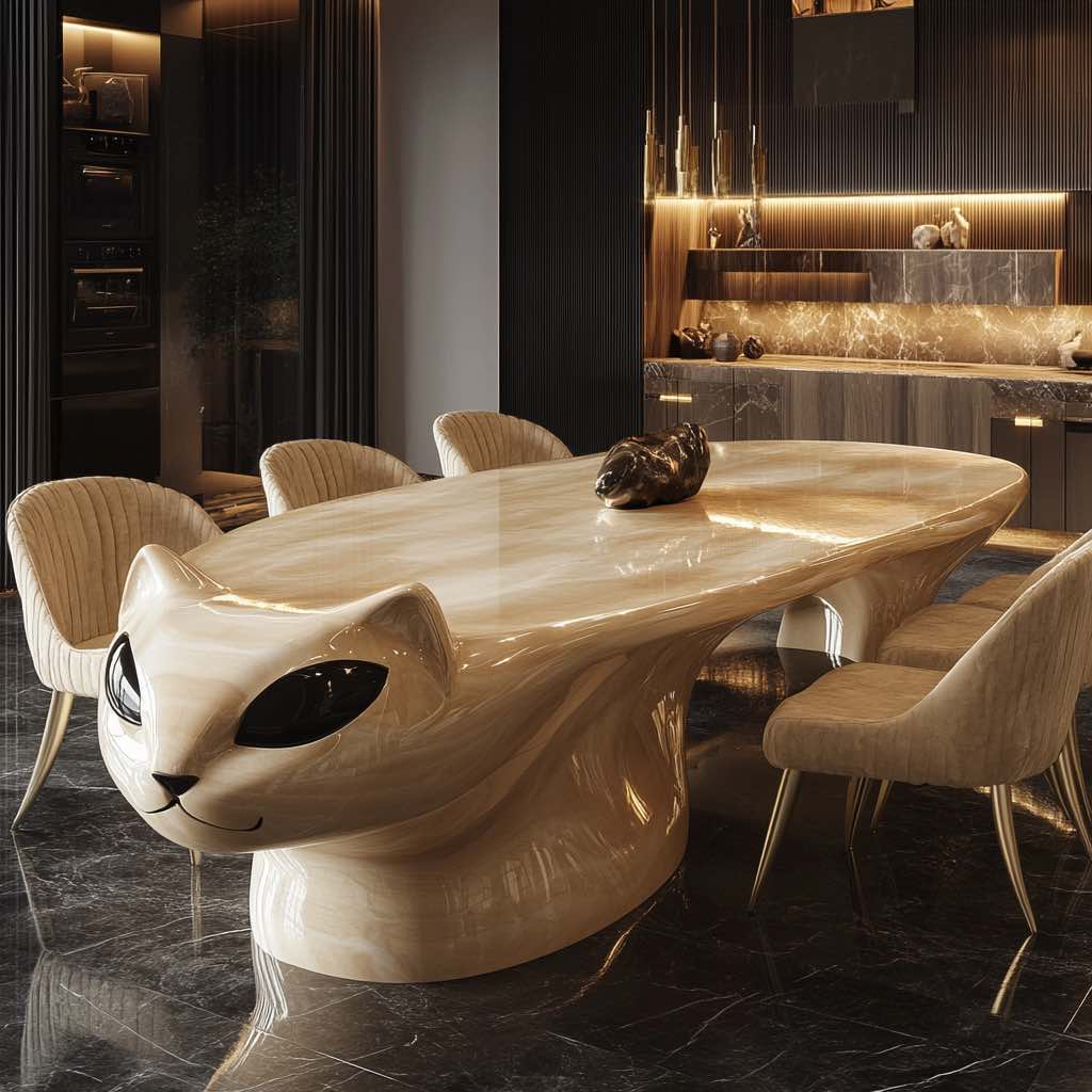 A handcrafted wooden and resin dining table with a cat-inspired sculptural base.