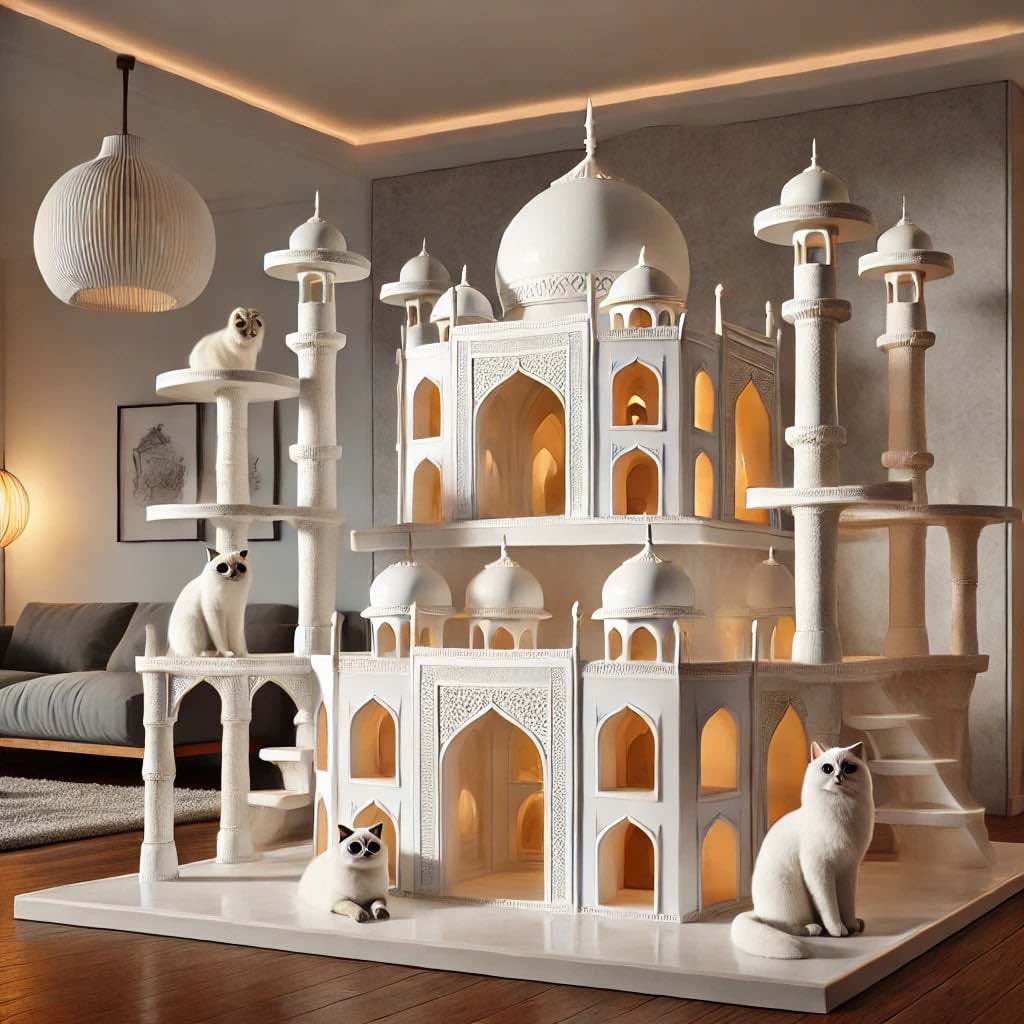 An elegant white cat playhouse modelled after the Taj Mahal, complete with domes, archways, and multiple climbing levels.