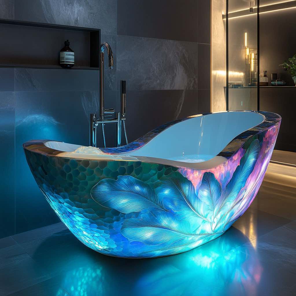 A stunning mermaid-inspired bathtub with glowing feather-like textures, emitting a soft multi-coloured LED glow.