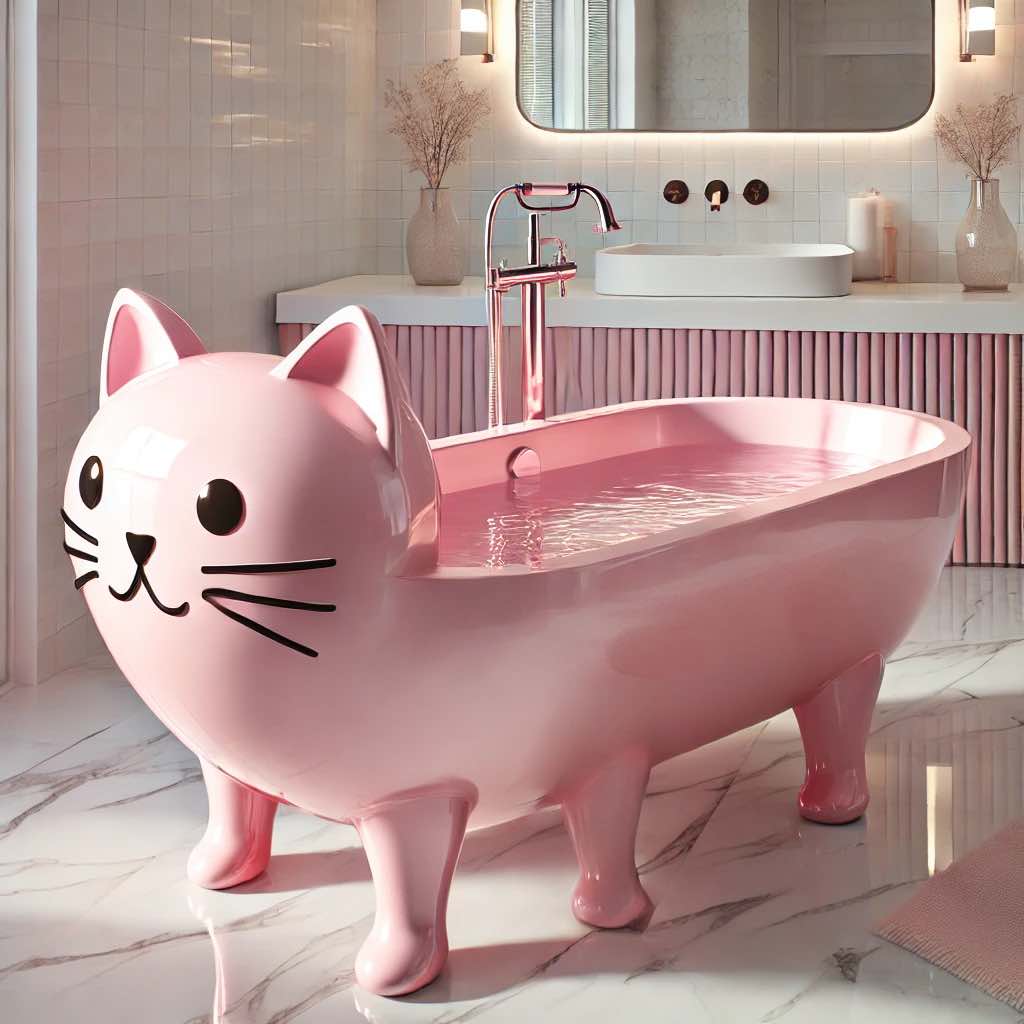 A pastel pink cat bathtub in a warm, inviting bathroom with soft lighting and gold fixtures.