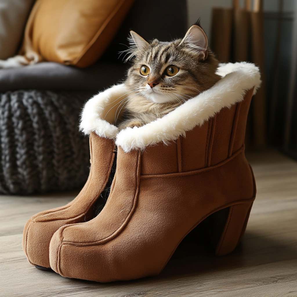 A fluffy kitten peeking out from a warm, fur-lined winter boot-shaped bed.
