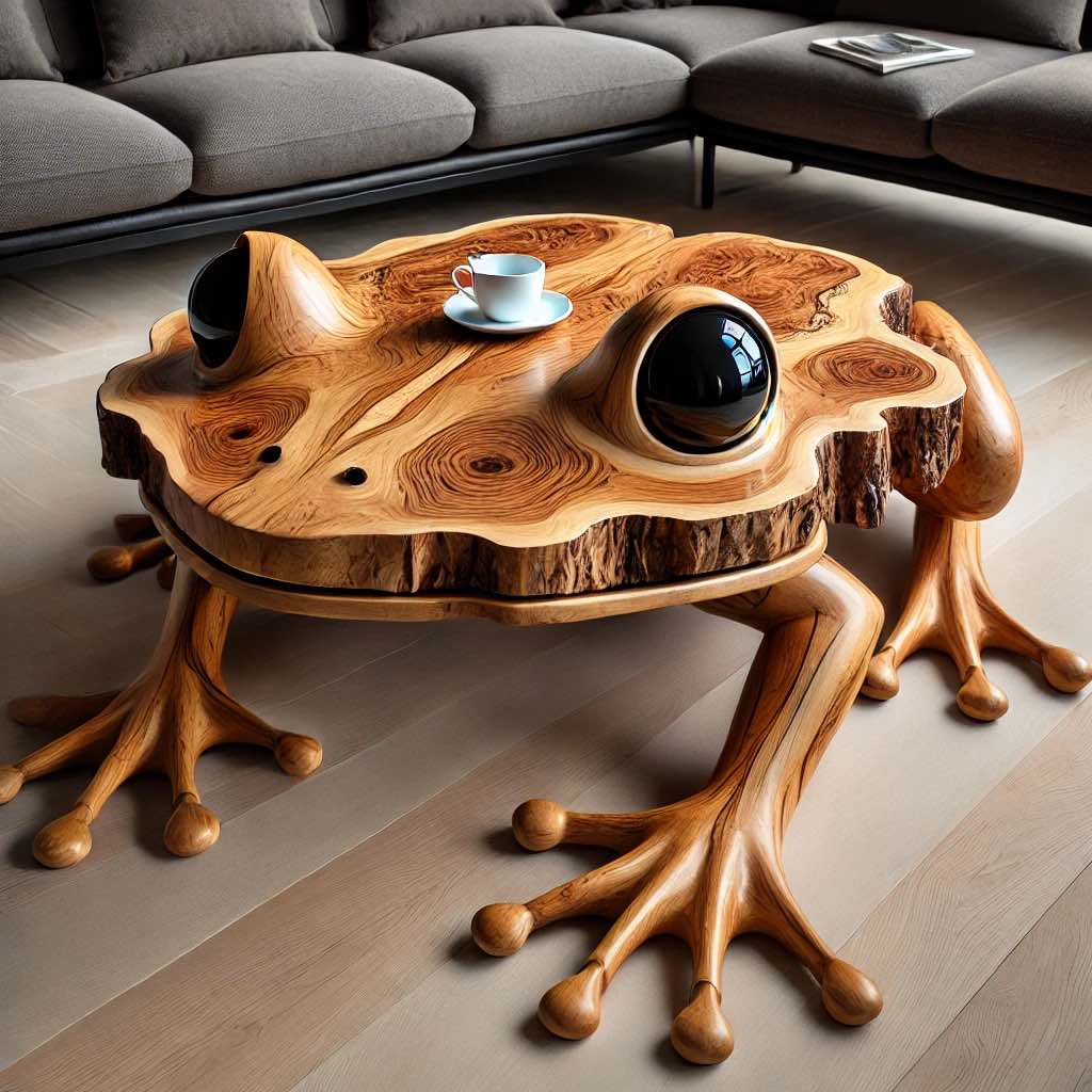 A whimsical wooden frog coffee table featuring large glossy eyes and a natural wood finish.