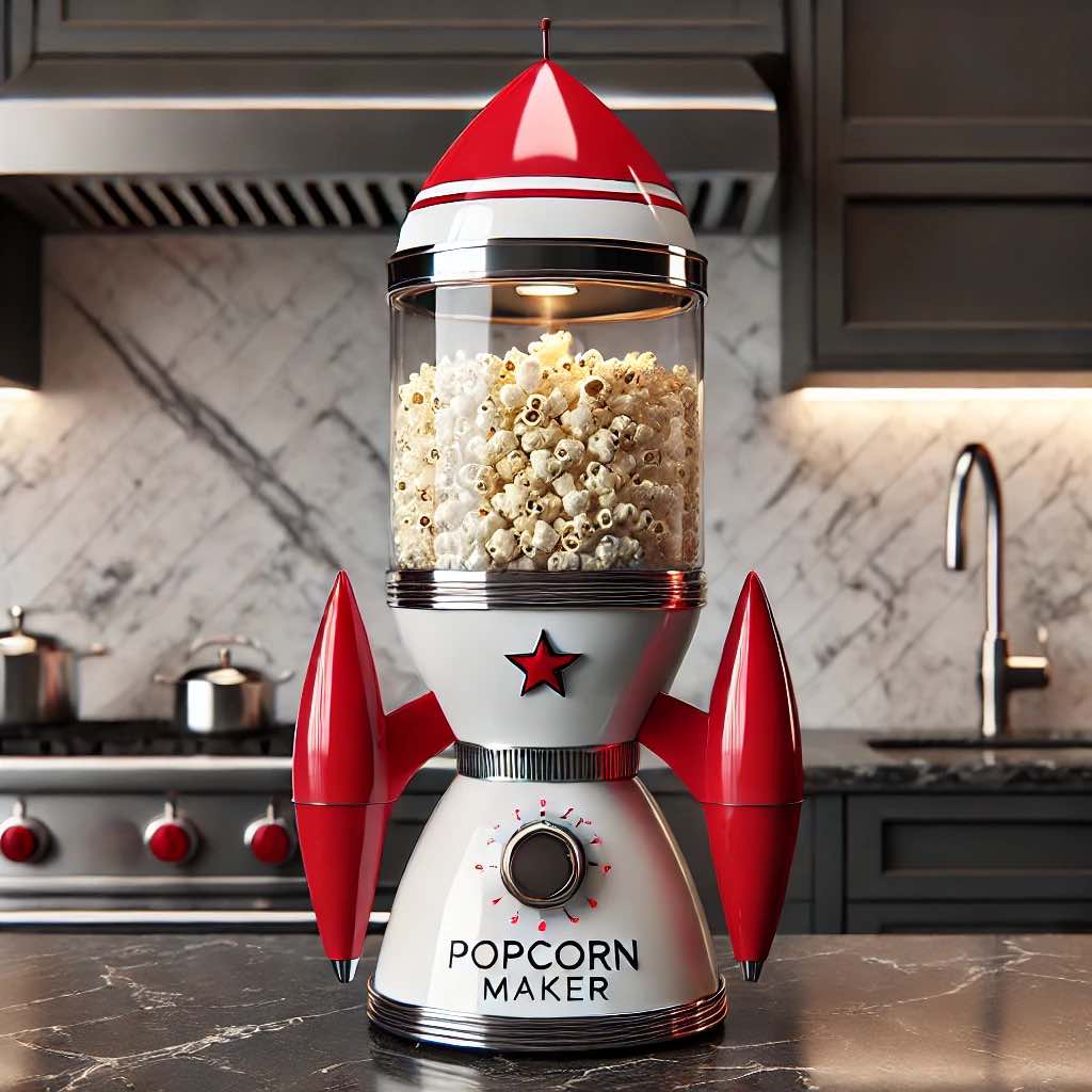 A vintage-inspired red and white rocket popcorn maker with a star emblem, sitting on a modern countertop.