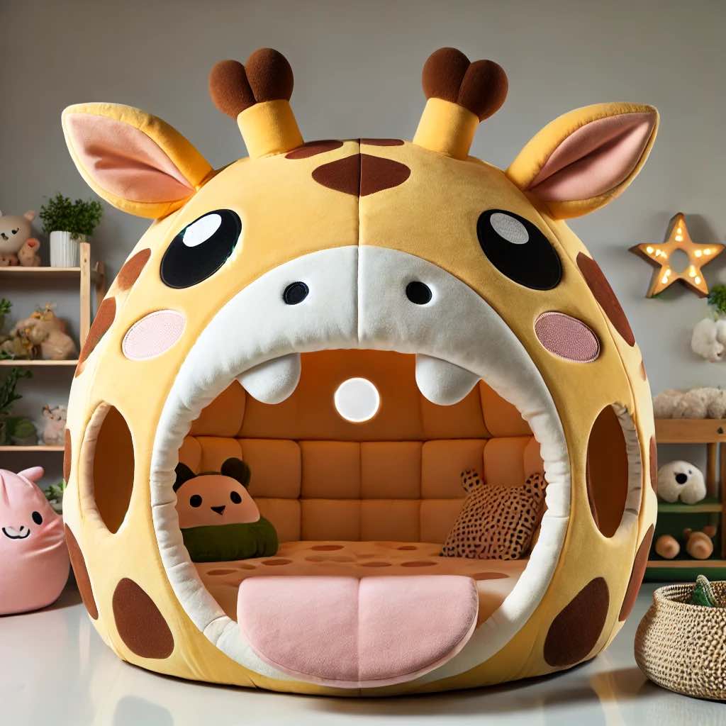 Cute giraffe-shaped bed with spotted plush fabric and a fun design, ideal for themed rooms