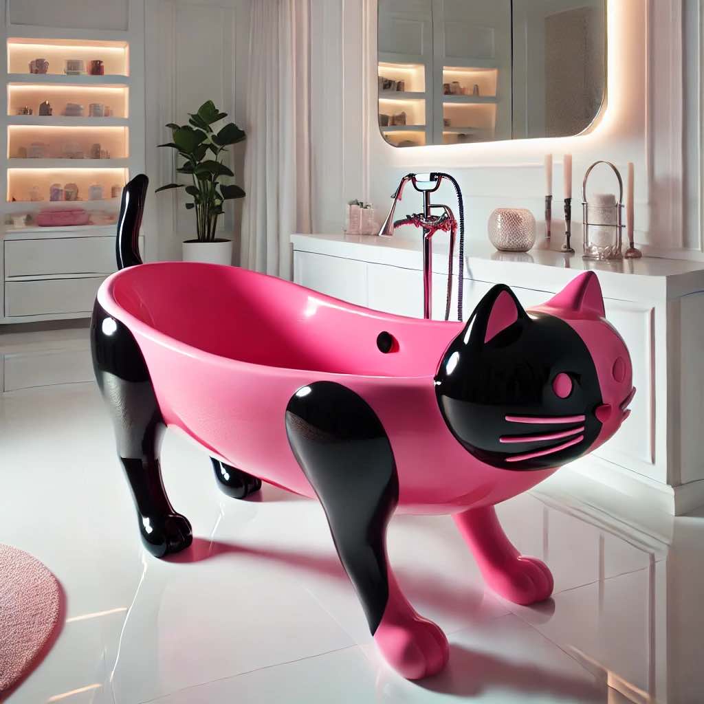 A vibrant pink and black cat bathtub in a chic bathroom with stylish decor.