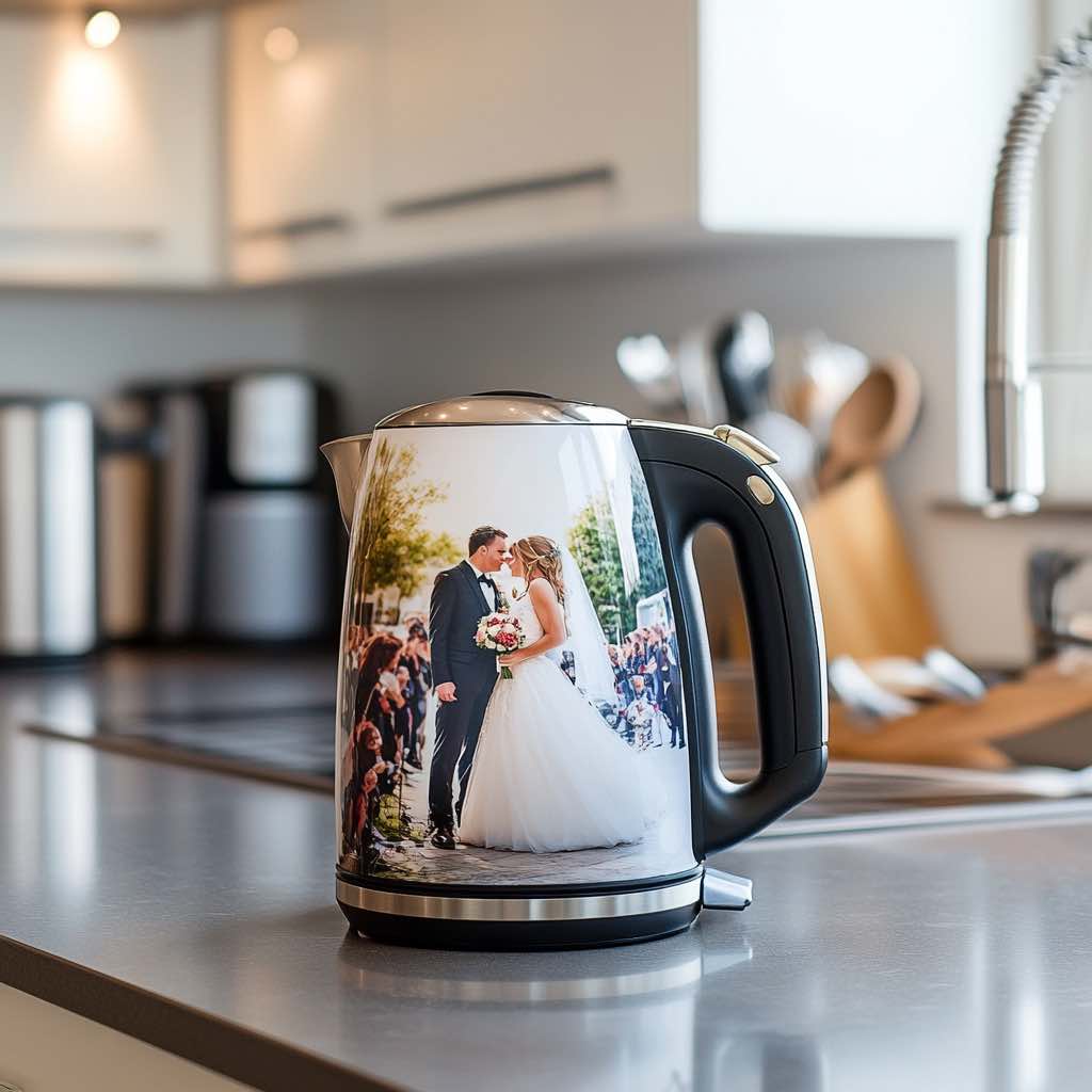 A stainless steel kettle with a couple’s wedding photo printed on it, placed in a stylish kitchen