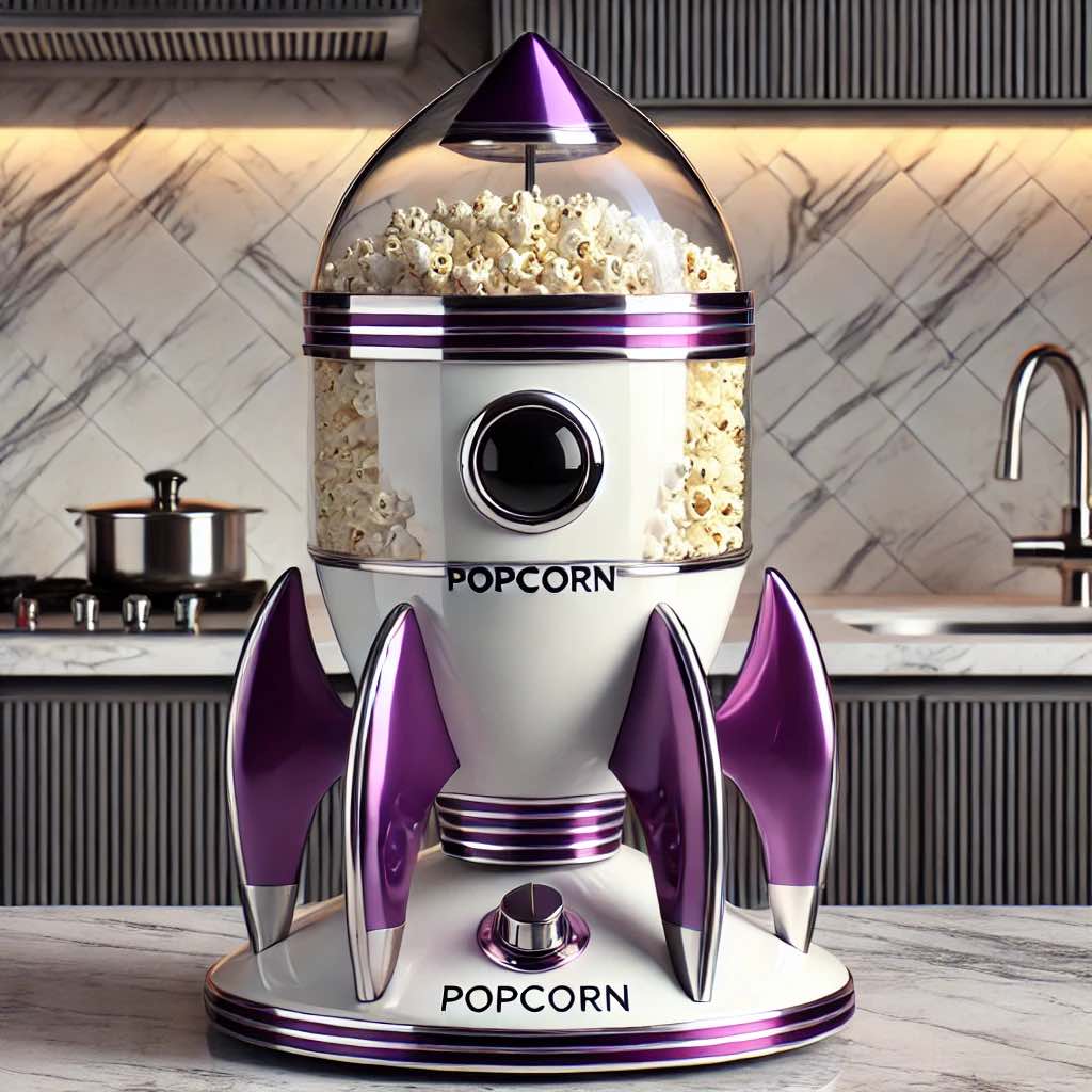 A stylish purple and white rocket popcorn maker with metallic accents, filled with fresh popcorn.