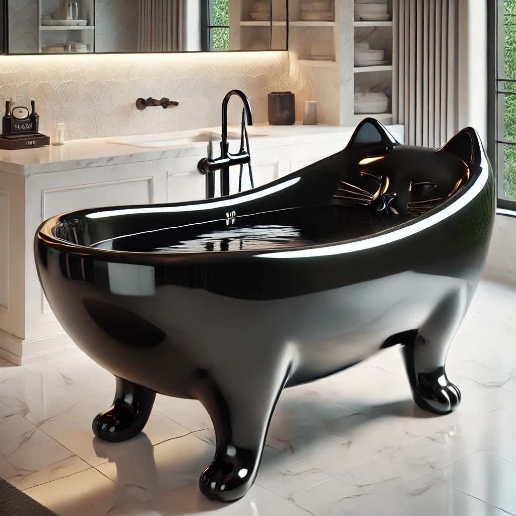 A glossy black cat-shaped bathtub with a minimalist and elegant bathroom setting.