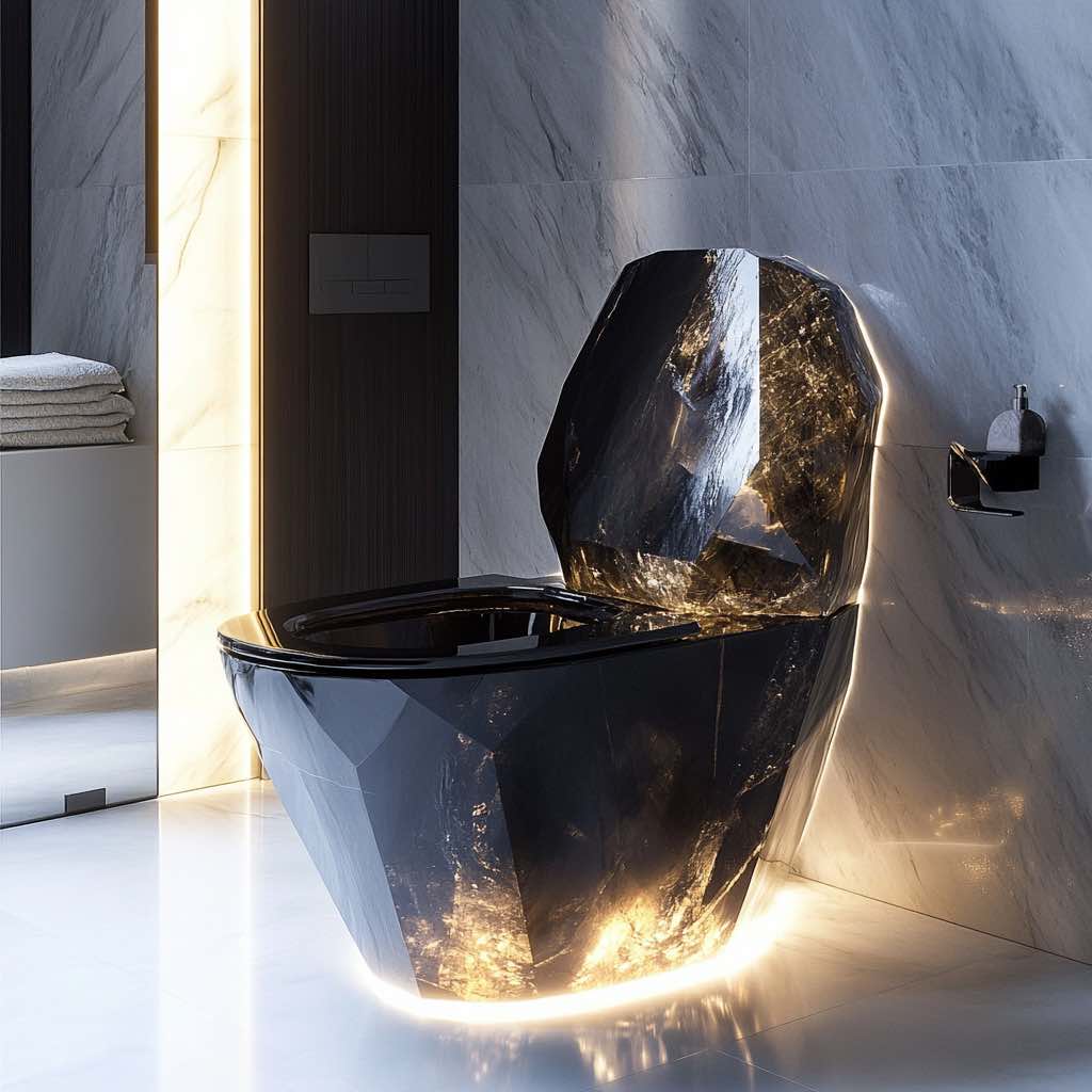 A black obsidian crystal toilet with illuminated edges, creating a dramatic and modern bathroom aesthetic.