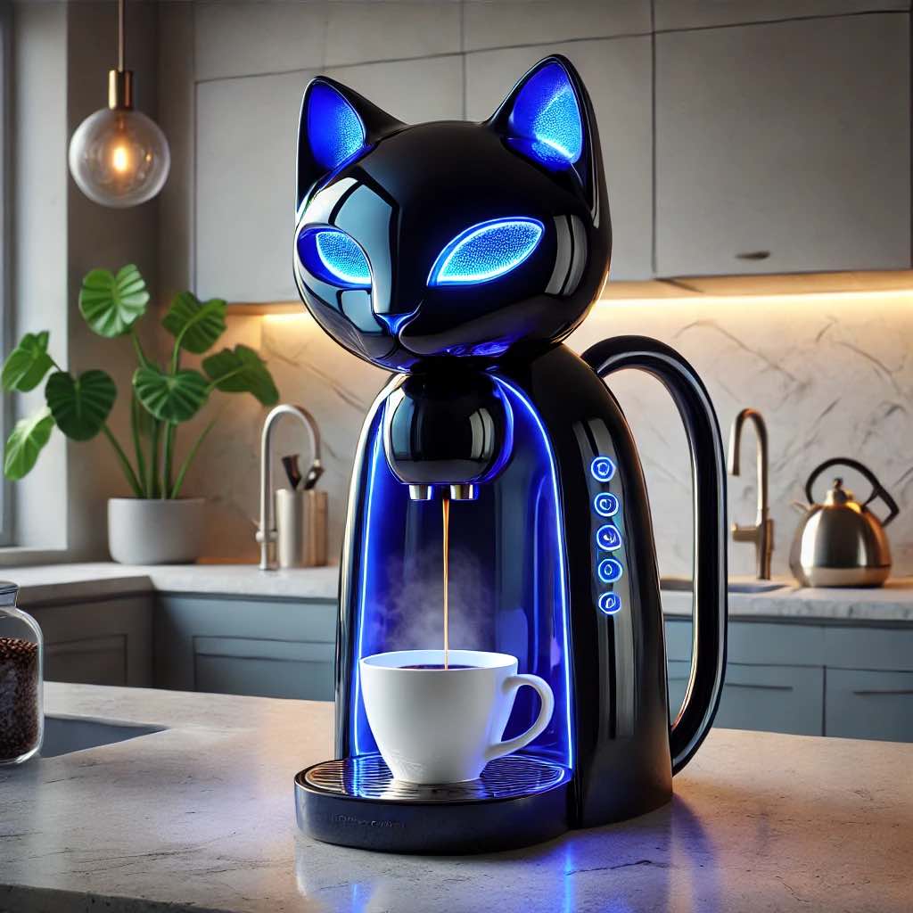 A sleek black coffee machine shaped like a cat with blue LED-lit eyes, brewing a cup of coffee