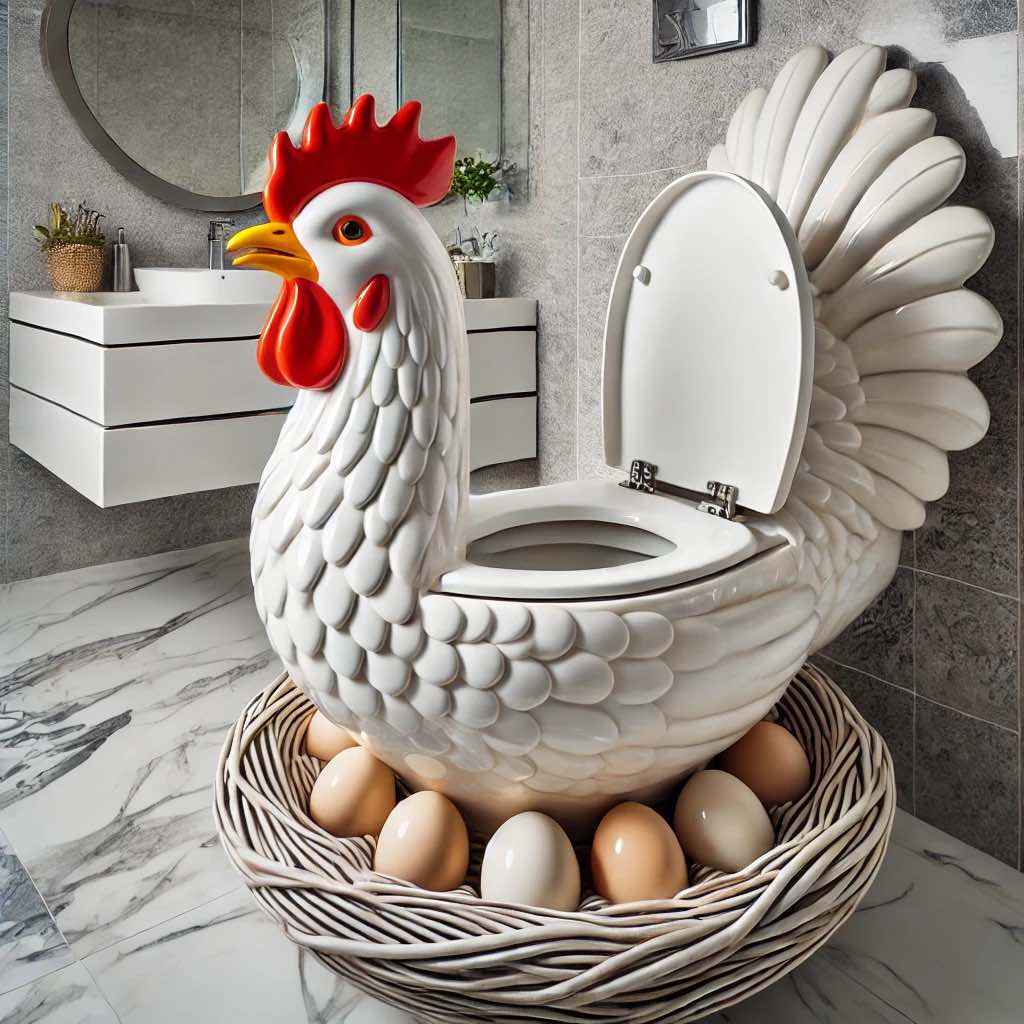 A white chicken toilet sitting on a nest of eggs, designed for farmhouse-style interiors.